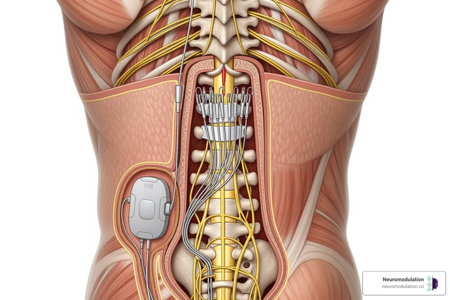 Illustrative diagram showing the surgical placement of a Spinal Cord Stimulator (SCS) system, depicting the electrodes positioned in the epidural space of the spinal cord and the Implantable Pulse Generator (IPG) securely placed under the skin in the lower back or abdomen. - Living with SCS