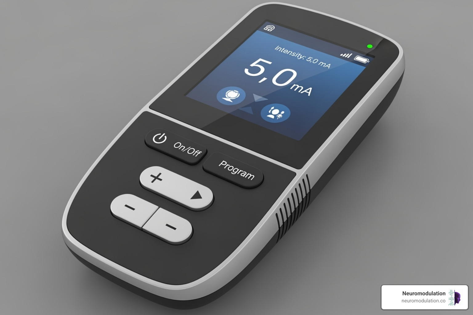 Modern handheld Spinal Cord Stimulator (SCS) controller with clear buttons for adjusting intensity, switching programs, and turning the device on/off, emphasizing user-friendly design. - Living with SCS