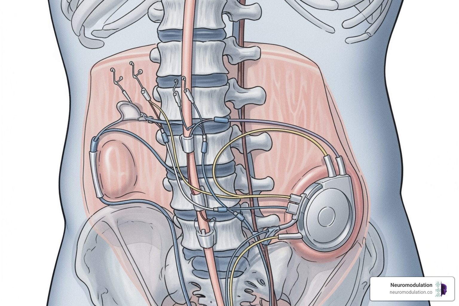 Components of a Spinal Cord Stimulator system showing the external and internal parts: electrodes, extension wires, and implantable pulse generator (IPG) with detailed labels for each component and their placement relative to the spinal cord. - Living with SCS