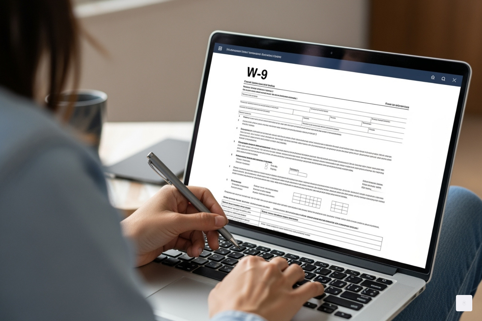 Imagen de una persona que completa un formulario W-9 en una computadora portátil, enfatizando la conveniencia y el acceso digital: cómo obtener el W-9