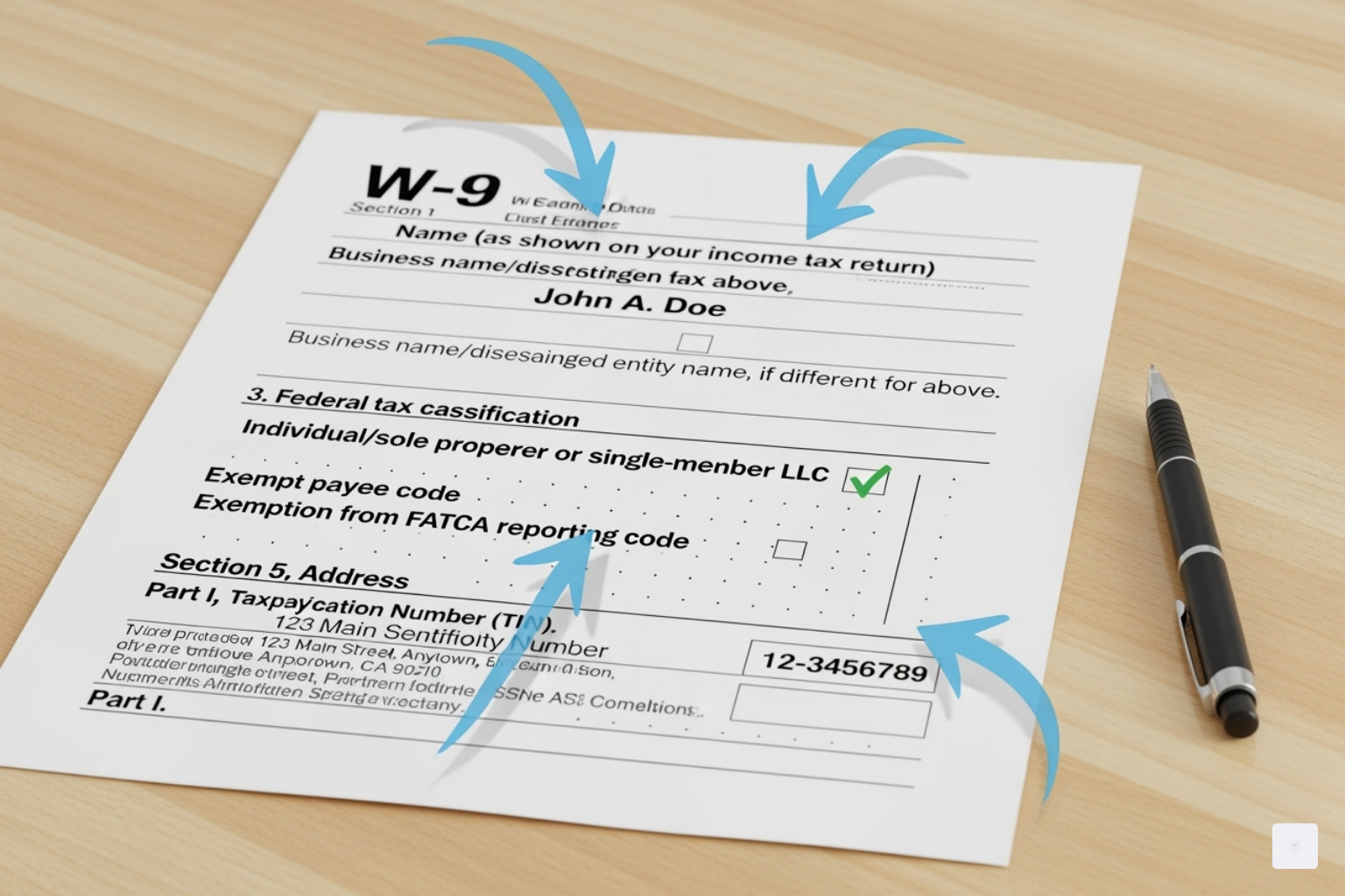 Imagen de un ejemplo de formulario W-9 completado correctamente, resaltando las secciones clave con anotaciones: cómo obtener el W-9