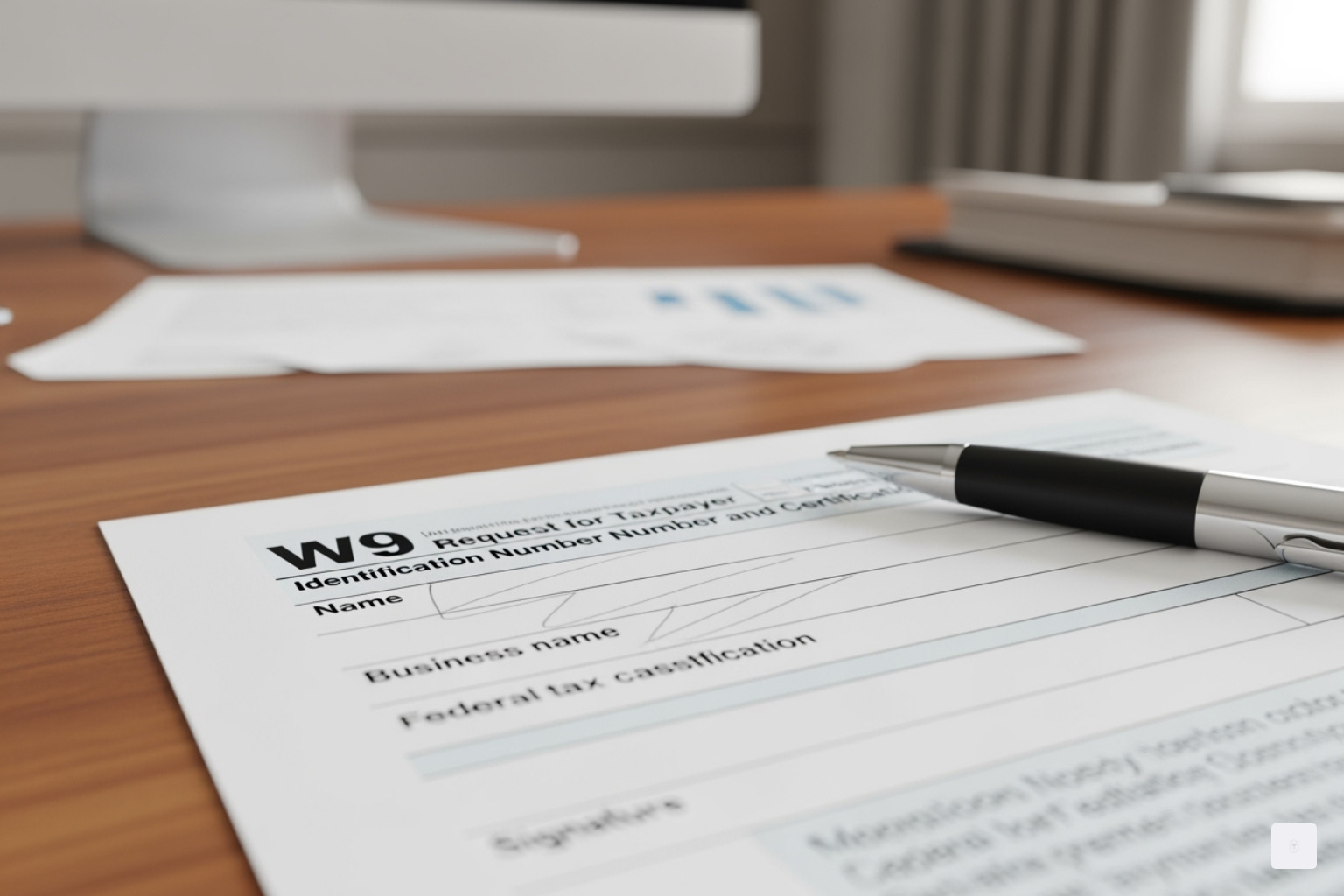 Image of the March 2024 Form W-9 with key lines highlighted, showing where to enter name, business type, TIN, and signature - How to complete W9