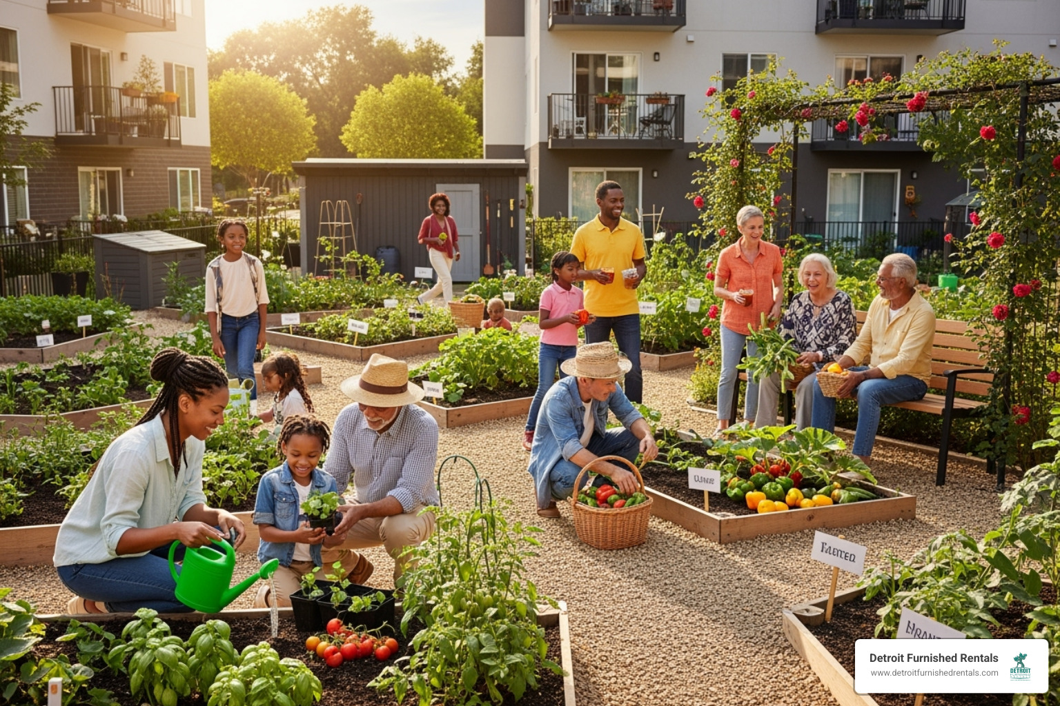 A vibrant community garden at an apartment complex, with residents of various ages tending to plants and interacting, symbolizing community building and healthy living - Project based housing