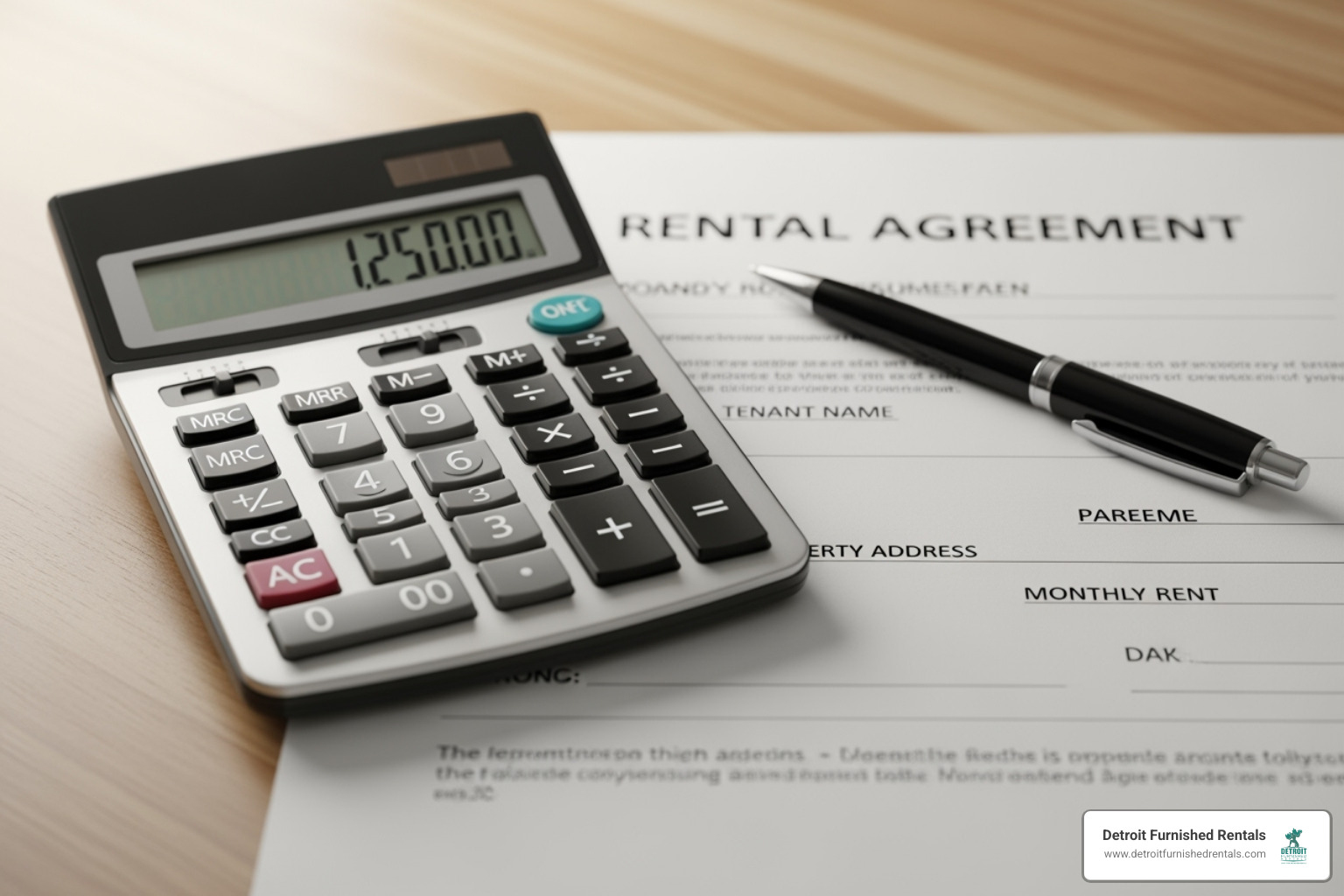 A calculator resting on a rental agreement document, with a pen nearby, symbolizing the financial calculations and legal aspects of housing costs - Project based housing