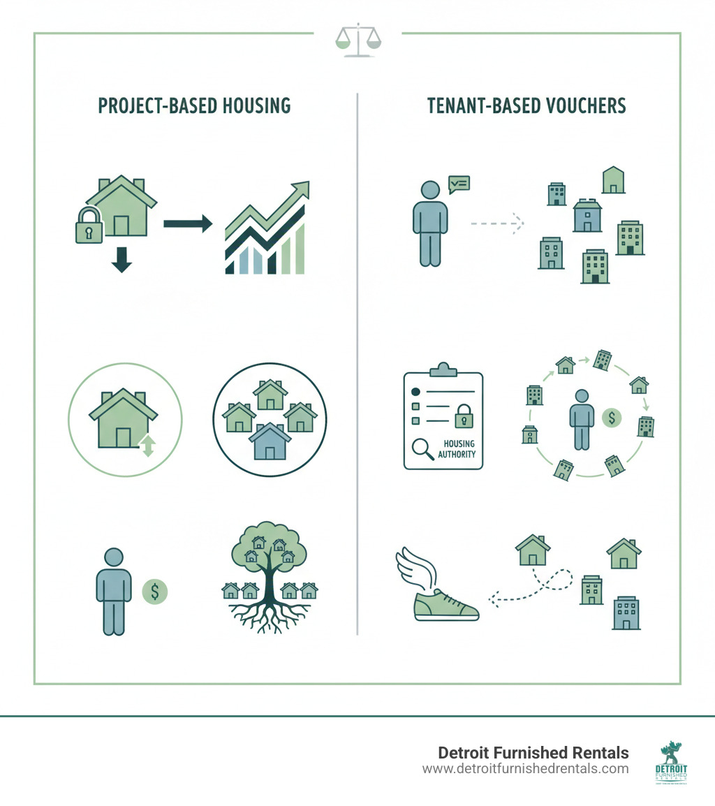 Infographic showing project-based housing versus tenant-based vouchers with key differences: subsidy stays with unit vs. moves with tenant, limited housing choice vs. broad market access, property-specific waitlists vs. general housing authority waitlists, and stable community placement vs. housing mobility options - Project based housing infographic 