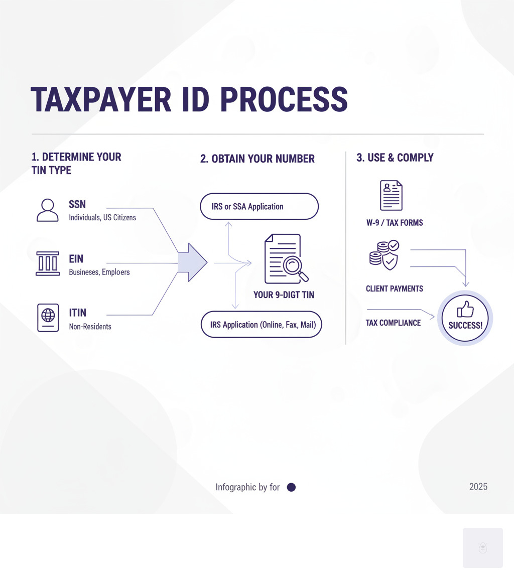 Infographic showing the complete process flow from determining your TIN type (SSN for individuals, EIN for businesses, ITIN for non-residents) through obtaining the number from IRS or SSA, to using it on tax forms like W-9, leading to successful client payments and tax compliance - Taxpayer identification number infographic 