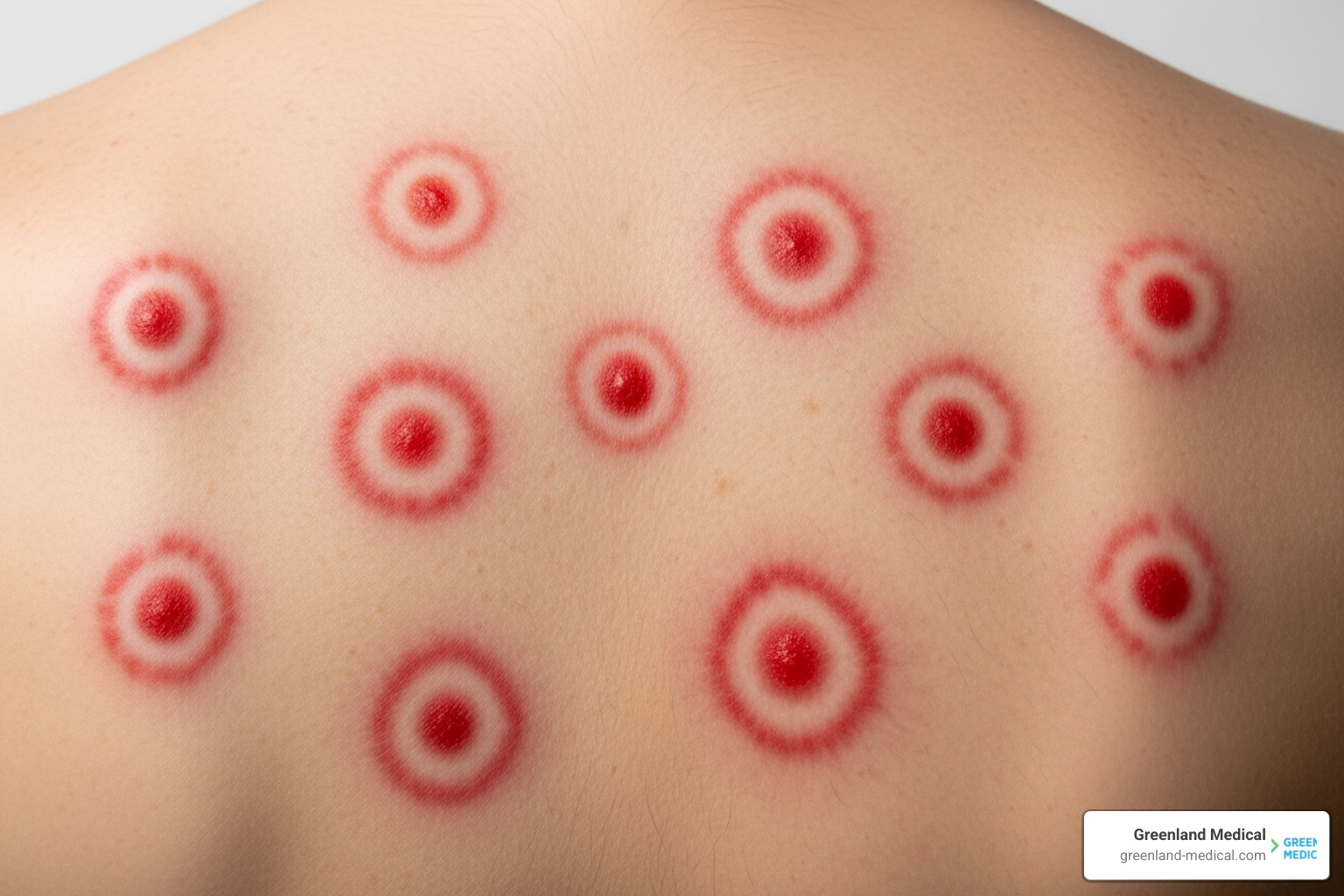 multiple EM rashes on a person's back - borreliosis rash