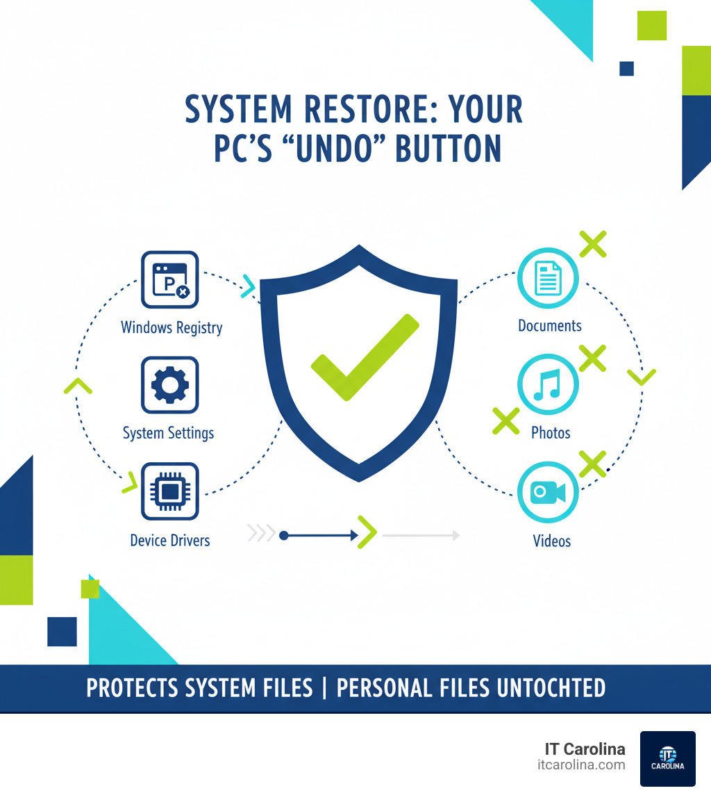 Infographic showing System Restore protecting system files (Windows registry, installed programs, system settings, device drivers) while personal files (documents, photos, music, videos) remain unaffected during the restore process - Protect Your PC: How to Set Up a Windows Restore Point infographic 