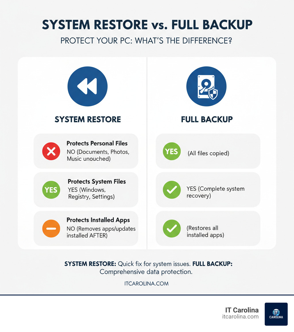 Infographic comparing System Restore and a Full Backup, detailing what each protects and their use cases - Protect Your PC: How to Set Up a Windows Restore Point infographic 