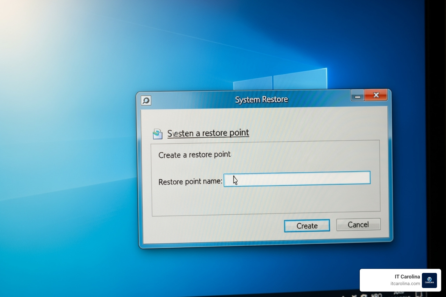 Create button being clicked and the naming dialog box for a restore point - Protect Your PC: How to Set Up a Windows Restore Point
