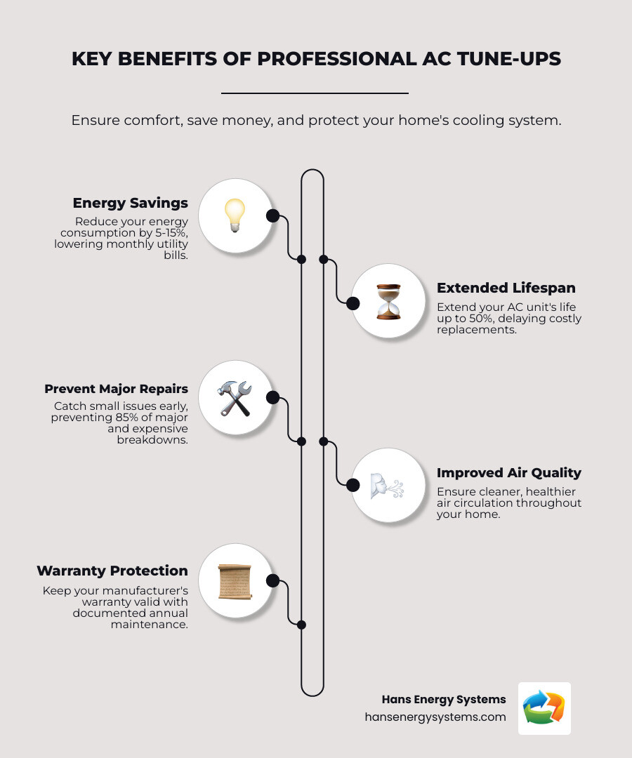 Comprehensive infographic showing AC maintenance benefits including 5-15% energy savings, 50% longer system lifespan, prevention of 85% of major repairs, improved air quality, and warranty protection through regular professional tune-ups - AC tune up Poway infographic infographic-line-5-steps-neat_beige Comprehensive infographic showing AC maintenance benefits including 5-15% energy savings, 50% longer system lifespan, prevention of 85% of major repairs, improved air quality, and warranty protection through regular professional tune-ups - AC tune up Poway infographic infographic-line-5-steps-neat_beige