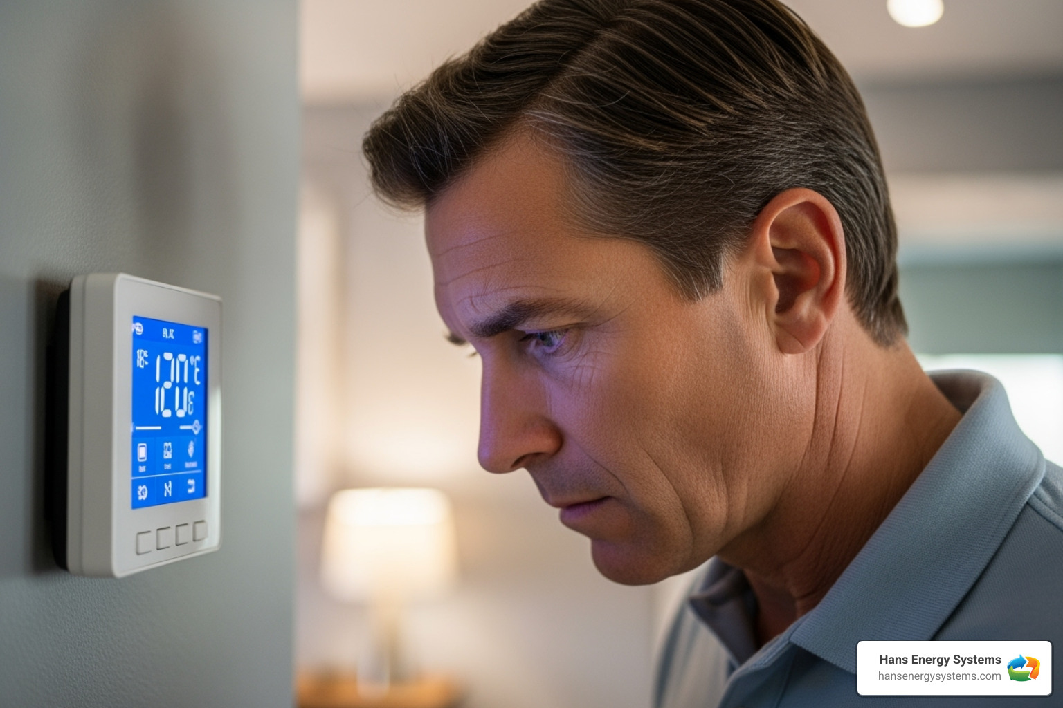 A concerned homeowner looking at their thermostat, indicating AC troubles - AC tune up Poway A concerned homeowner looking at their thermostat, indicating AC troubles - AC tune up Poway