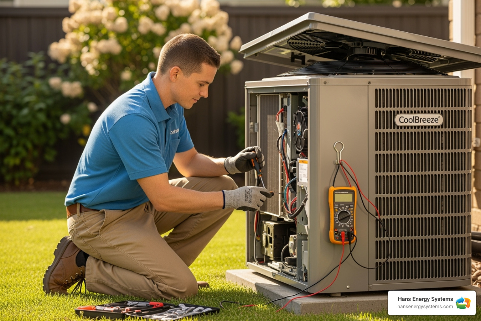 Technician carefully servicing the outdoor unit of an AC system - AC tune up Poway Technician carefully servicing the outdoor unit of an AC system - AC tune up Poway