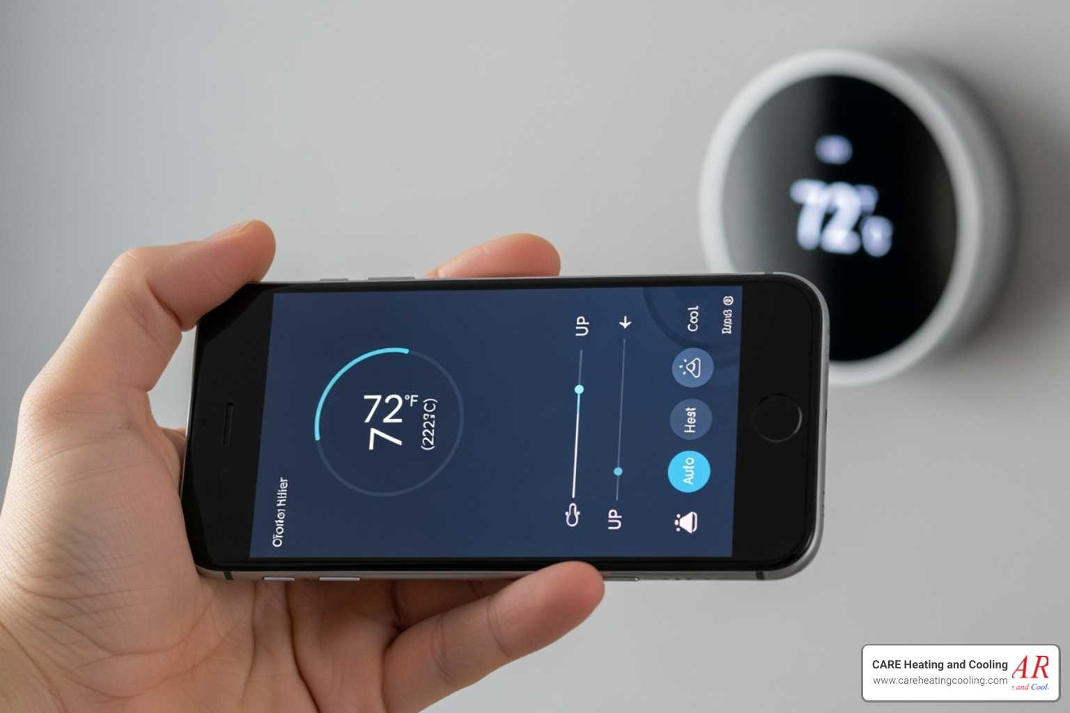 Person adjusting thermostat from smartphone - residential thermostat service westerville Person adjusting thermostat from smartphone - residential thermostat service westerville