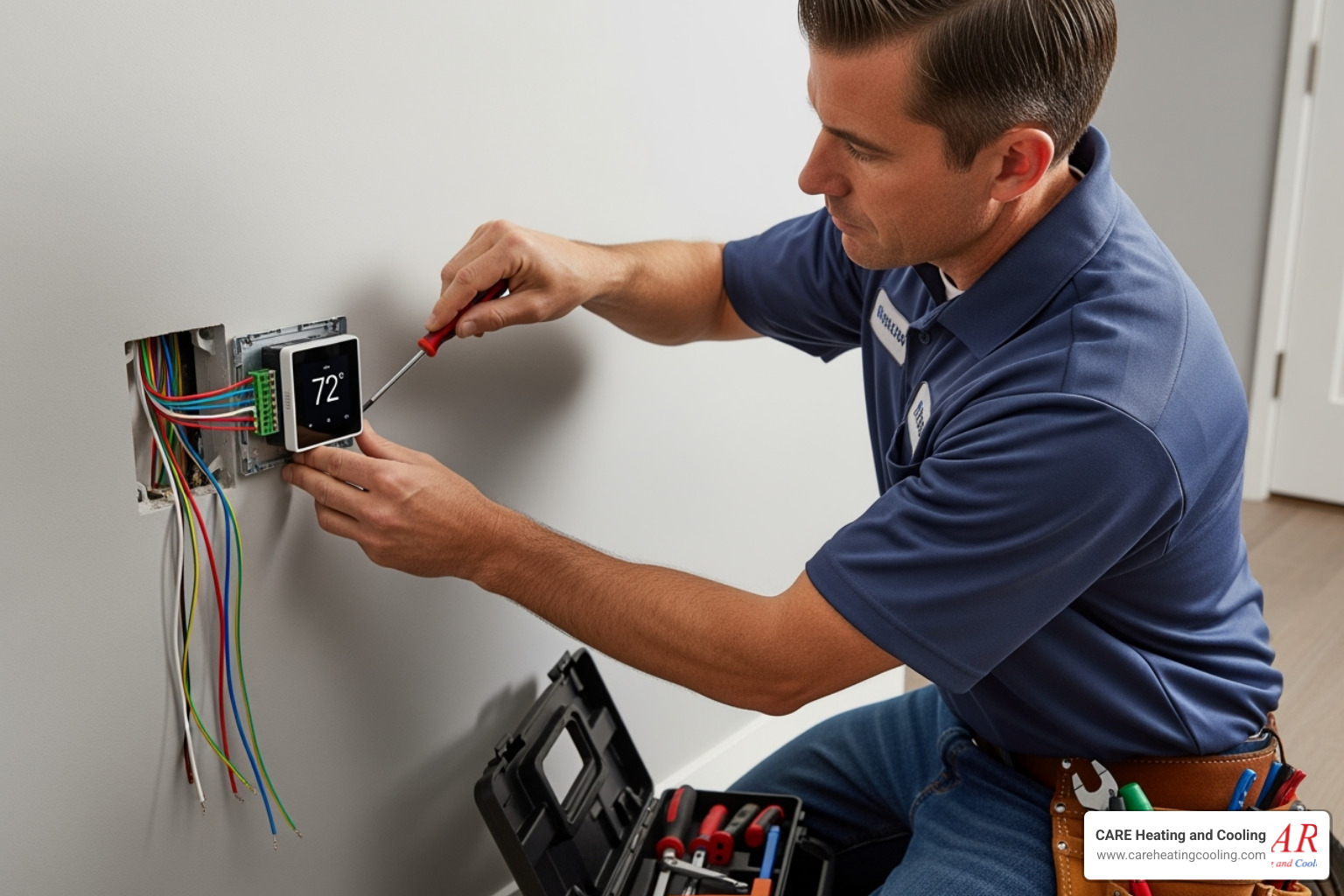 A professional HVAC technician carefully installing a new smart thermostat on a wall, ensuring proper wiring and connection for optimal home comfort and efficiency. - residential thermostat service westerville A professional HVAC technician carefully installing a new smart thermostat on a wall, ensuring proper wiring and connection for optimal home comfort and efficiency. - residential thermostat service westerville