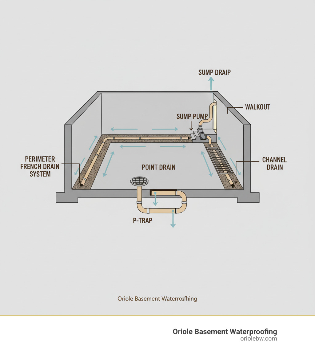 Infographic showing cross-section of basement with different floor drain types labeled: point drain in center with P-trap connection, perimeter French drain system along walls connecting to sump pump, and channel drain at walkout entrance, with arrows showing water flow direction - types of basement floor drains infographic Infographic showing cross-section of basement with different floor drain types labeled: point drain in center with P-trap connection, perimeter French drain system along walls connecting to sump pump, and channel drain at walkout entrance, with arrows showing water flow direction - types of basement floor drains infographic