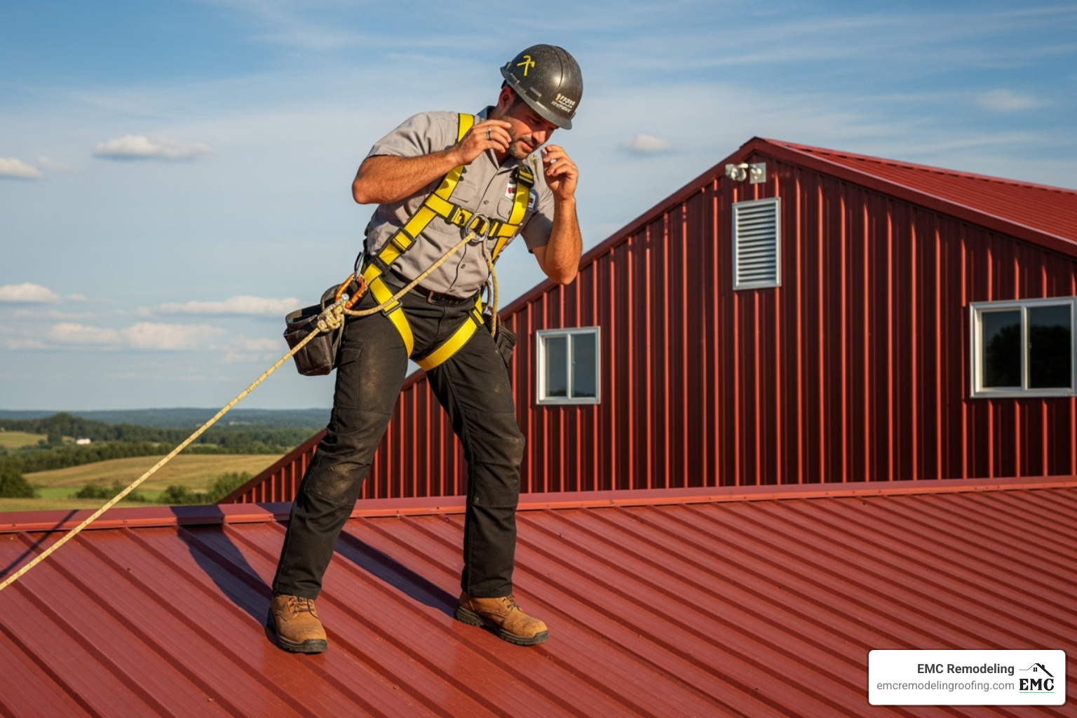 A certified roofing contractor in a safety harness inspecting a barn roof, emphasizing professionalism and safety - barn roofers near me A certified roofing contractor in a safety harness inspecting a barn roof, emphasizing professionalism and safety - barn roofers near me