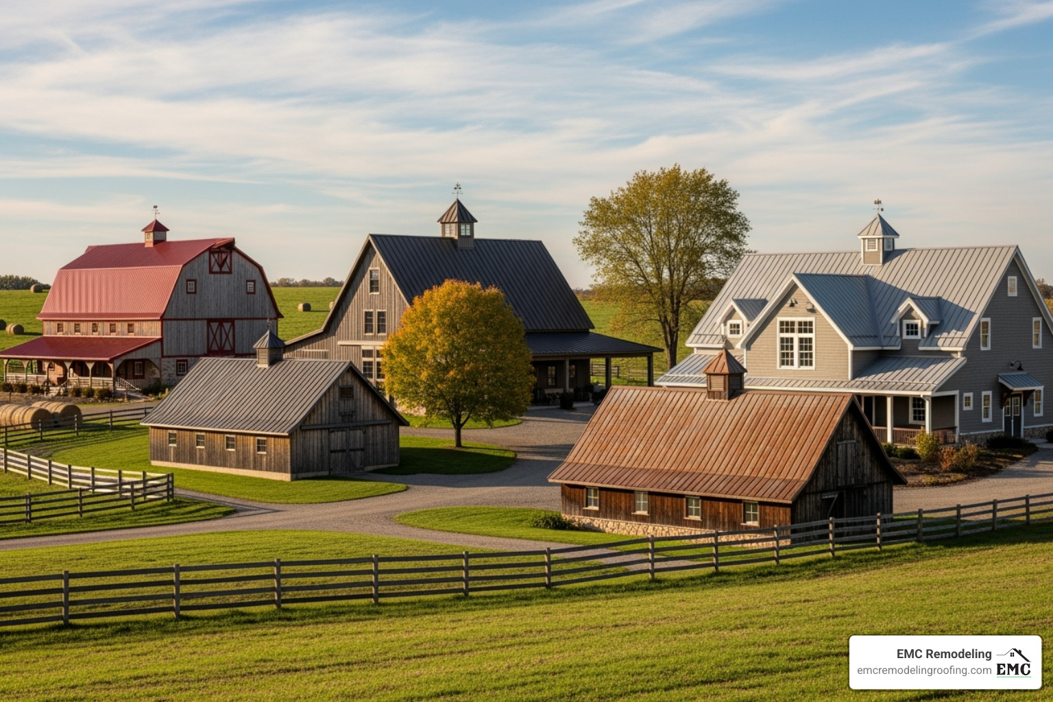 A variety of barns showcasing different metal roof colors and profiles, highlighting aesthetic versatility and modern appeal - barn roofers near me A variety of barns showcasing different metal roof colors and profiles, highlighting aesthetic versatility and modern appeal - barn roofers near me