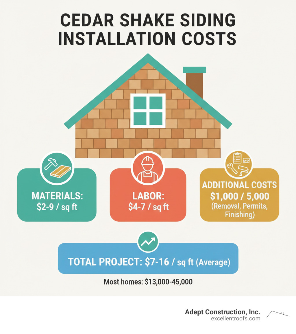 Detailed breakdown of cedar shake siding installation costs showing materials at $2-9 per square foot, labor at $4-7 per square foot, and additional costs including removal, permits, and finishing work totaling $1,000-5,000 for most projects - cedar shake siding installation cost infographic 