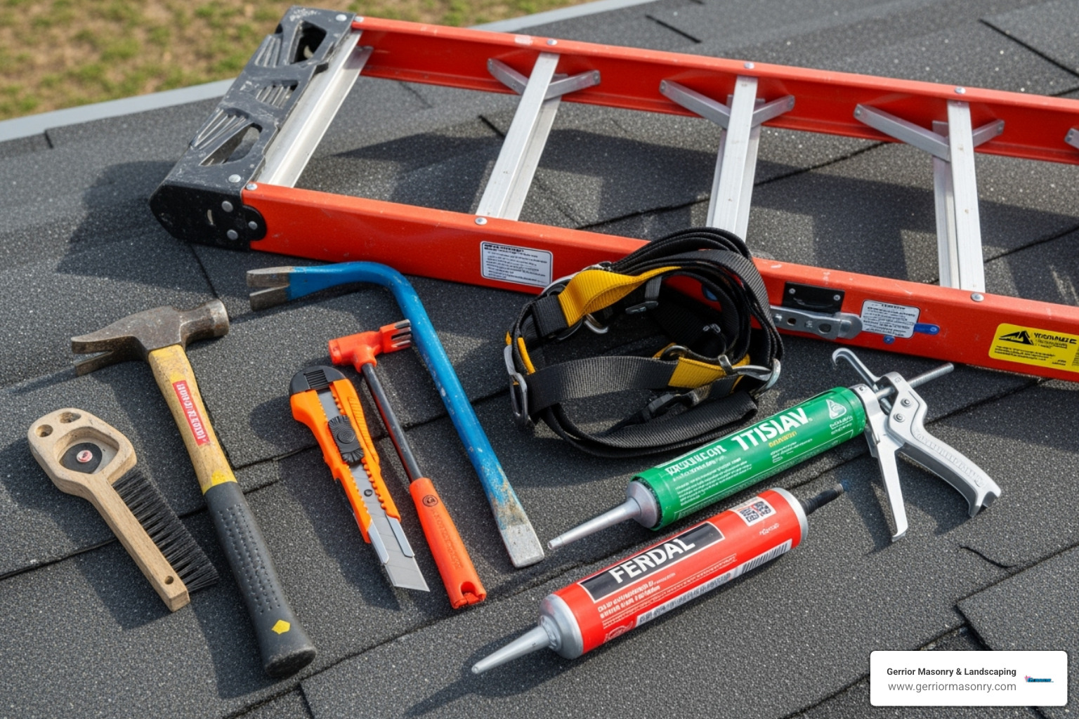 Tools for chimney flashing repair, including a ladder, pry bar, hammer, utility knife, wire brush, caulk gun, roofing cement, and a safety harness - Chimney flashing repair