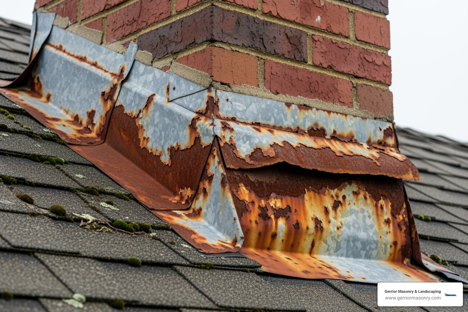 rusted and peeling chimney flashing with visible gaps - Chimney flashing repair