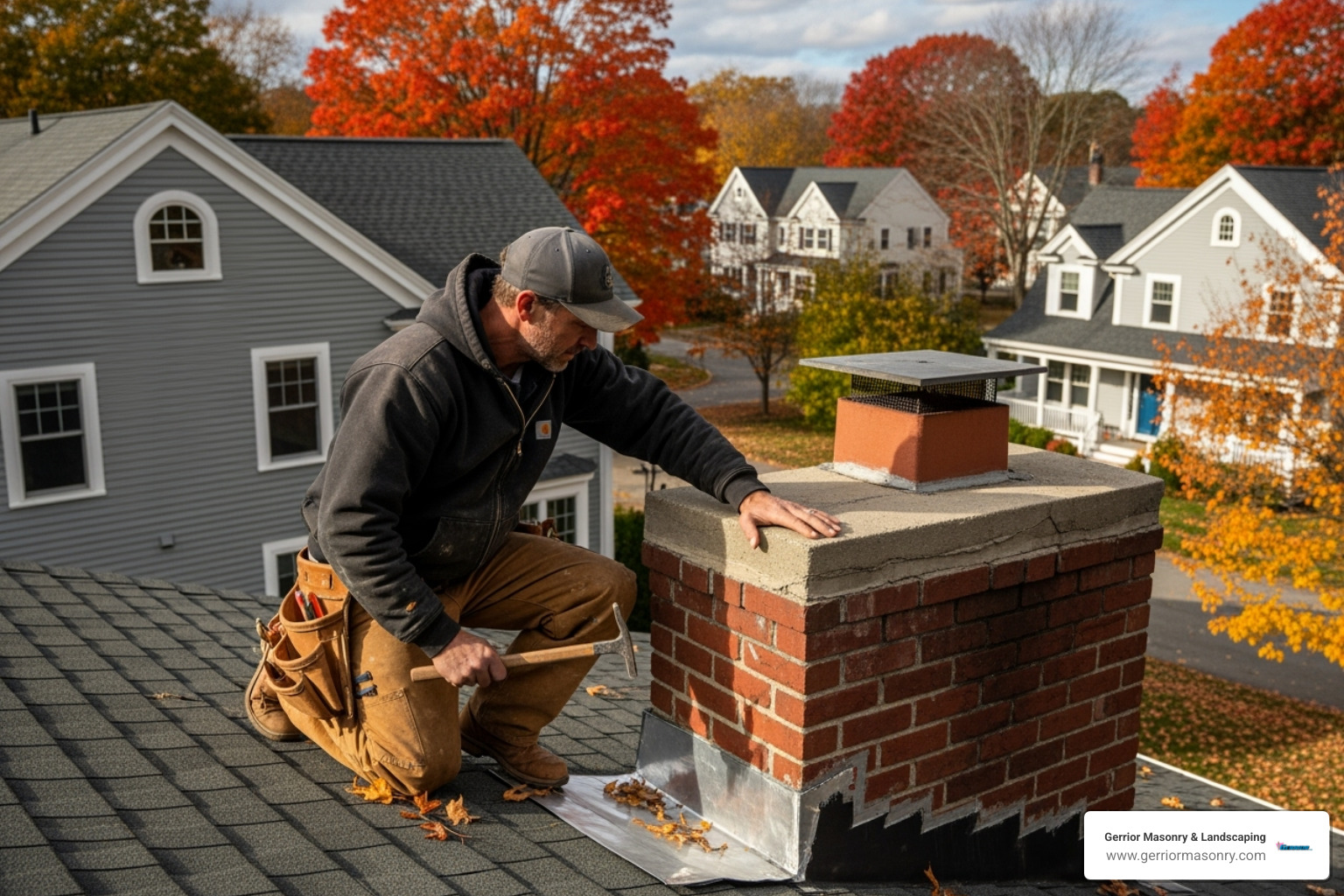professional mason inspecting a chimney in Massachusetts - Chimney flashing repair