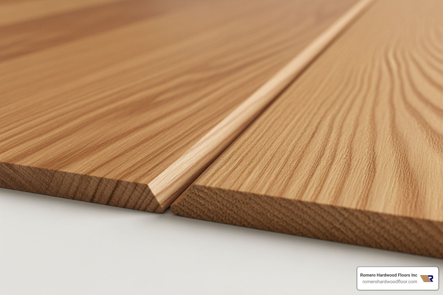 comparing a site-finished board (smooth surface) to a prefinished board with its beveled edge - how to fill hardwood floor scratches