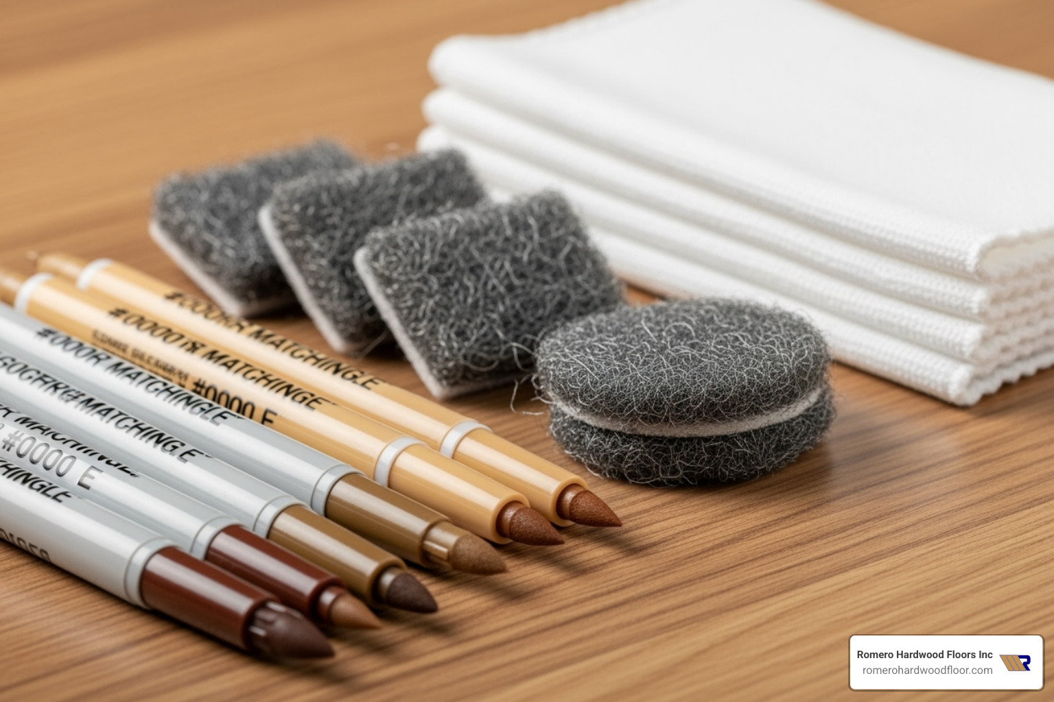 a collection of tools for light scratch repair: markers, #0000 steel wool, and soft cloths - how to fill hardwood floor scratches
