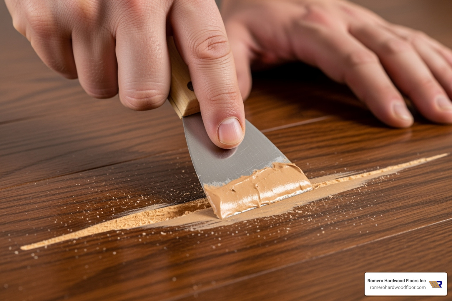 a hand using a plastic putty knife to press color-matched filler into a gouge on a wood plank - how to fill hardwood floor scratches
