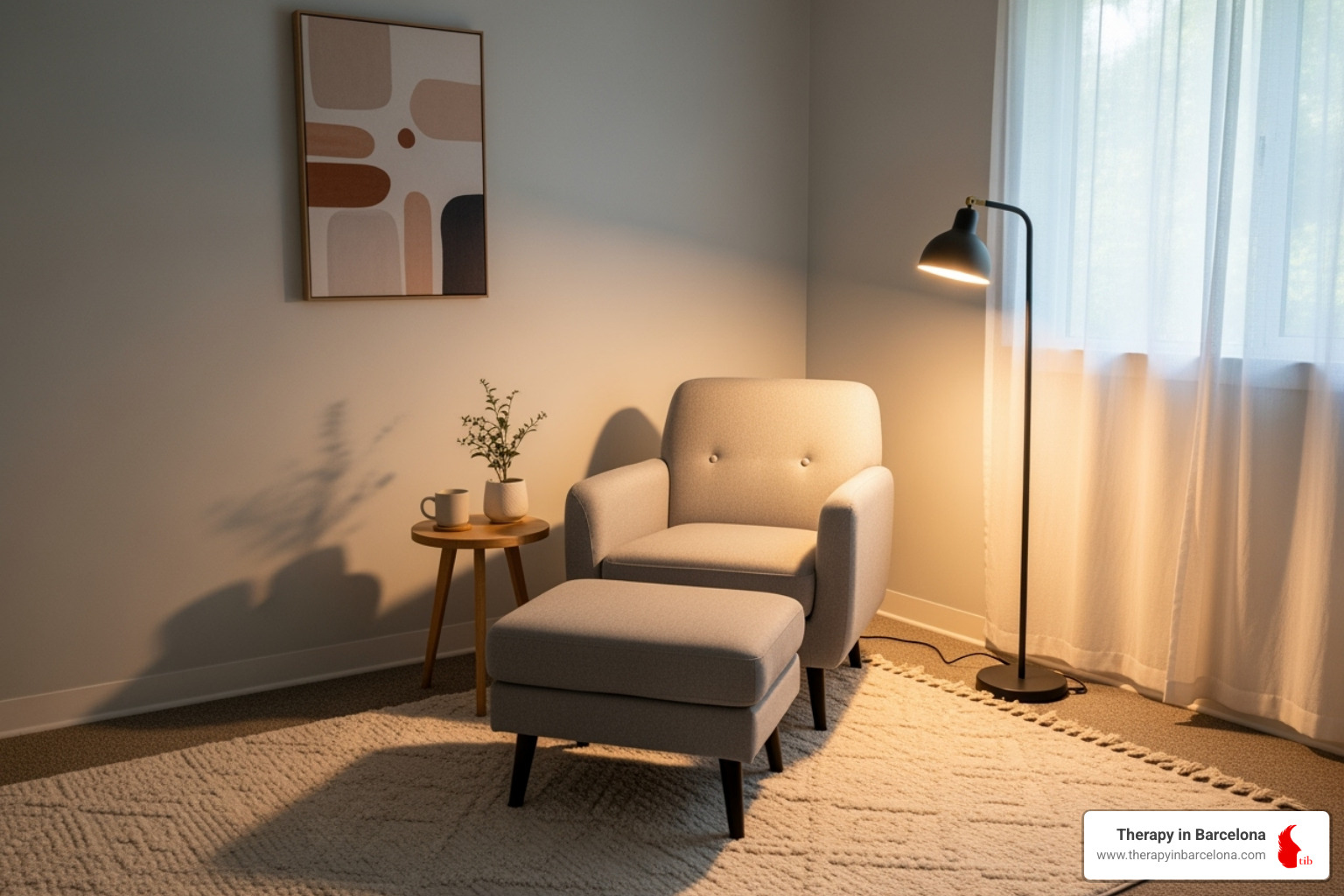 A serene and minimalist therapy room, with soft lighting and comfortable seating, conveying a sense of calm and safety - how is stress managed