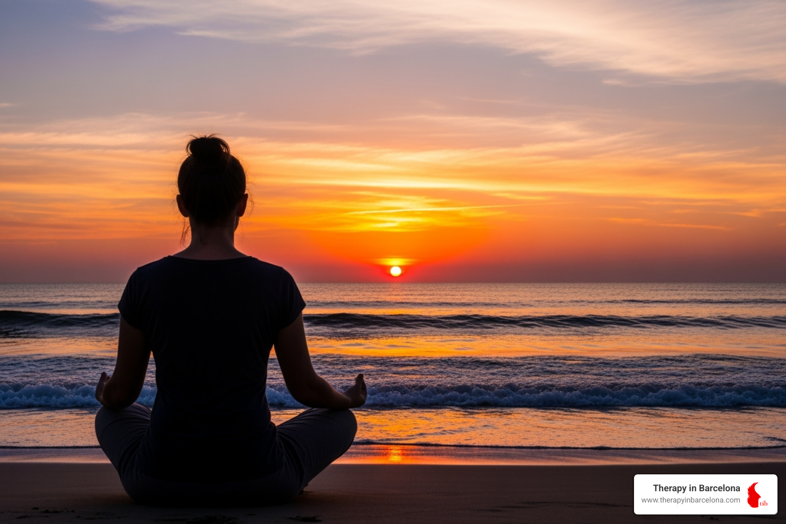 A person sitting calmly on a beach, meditating, with the sun setting, illustrating peace amidst physical and psychological symptoms of stress - how is stress managed