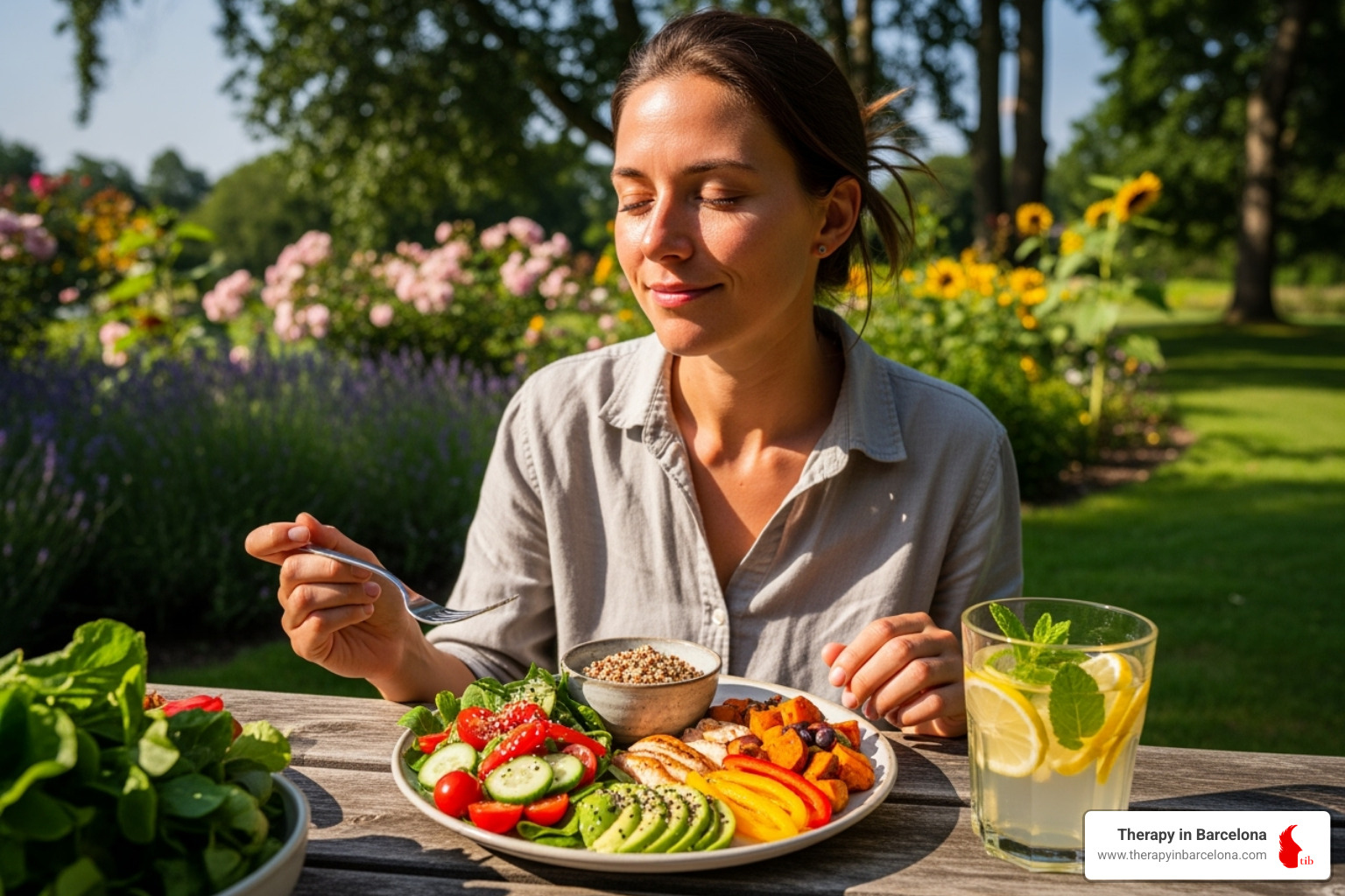 A person enjoying a healthy, colourful meal outdoors, with a tranquil expression, highlighting the role of diet in stress management - how is stress managed