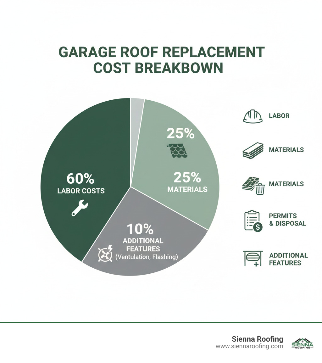 Garage roof replacement cost breakdown showing 60% labor costs, 25% materials, 10% permits and disposal, and 5% additional features like ventilation and flashing - garage roof replacement price infographic  Garage roof replacement cost breakdown showing 60% labor costs, 25% materials, 10% permits and disposal, and 5% additional features like ventilation and flashing - garage roof replacement price infographic