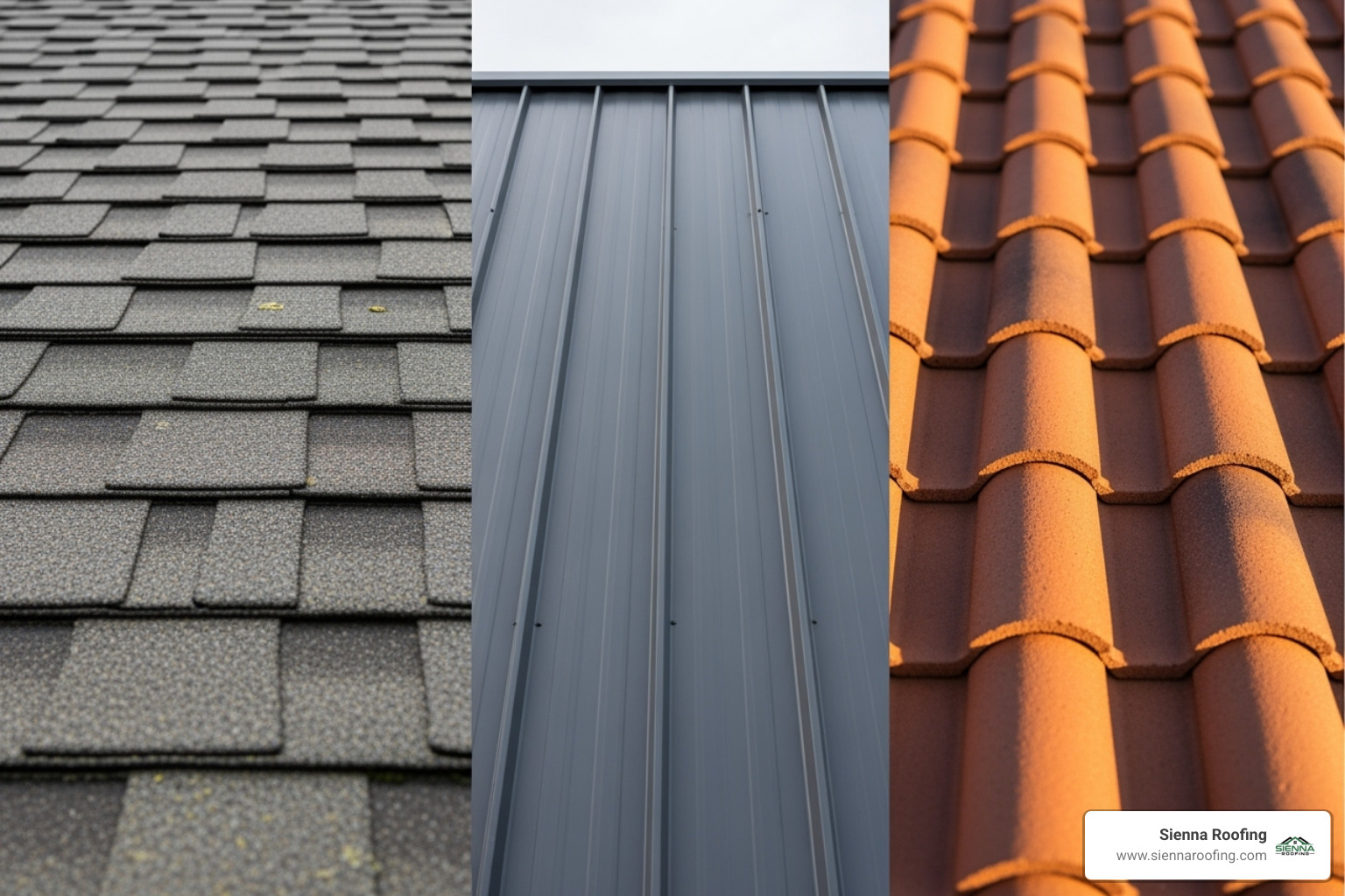 collage showing close-ups of asphalt shingles, standing seam metal, and clay tiles - garage roof replacement price collage showing close-ups of asphalt shingles, standing seam metal, and clay tiles - garage roof replacement price