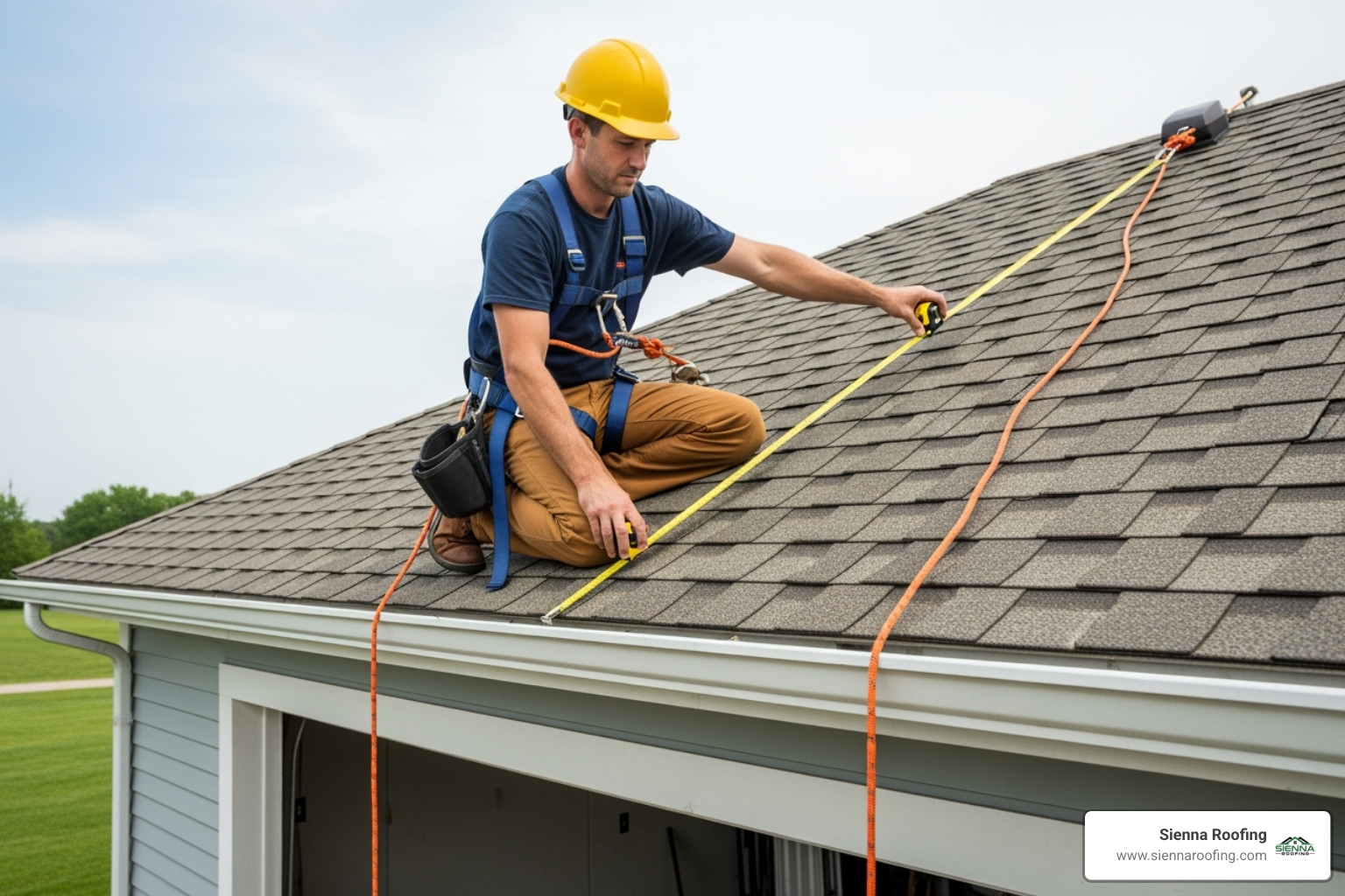 roofing professional measuring a garage roof with a tape measure - garage roof replacement price roofing professional measuring a garage roof with a tape measure - garage roof replacement price