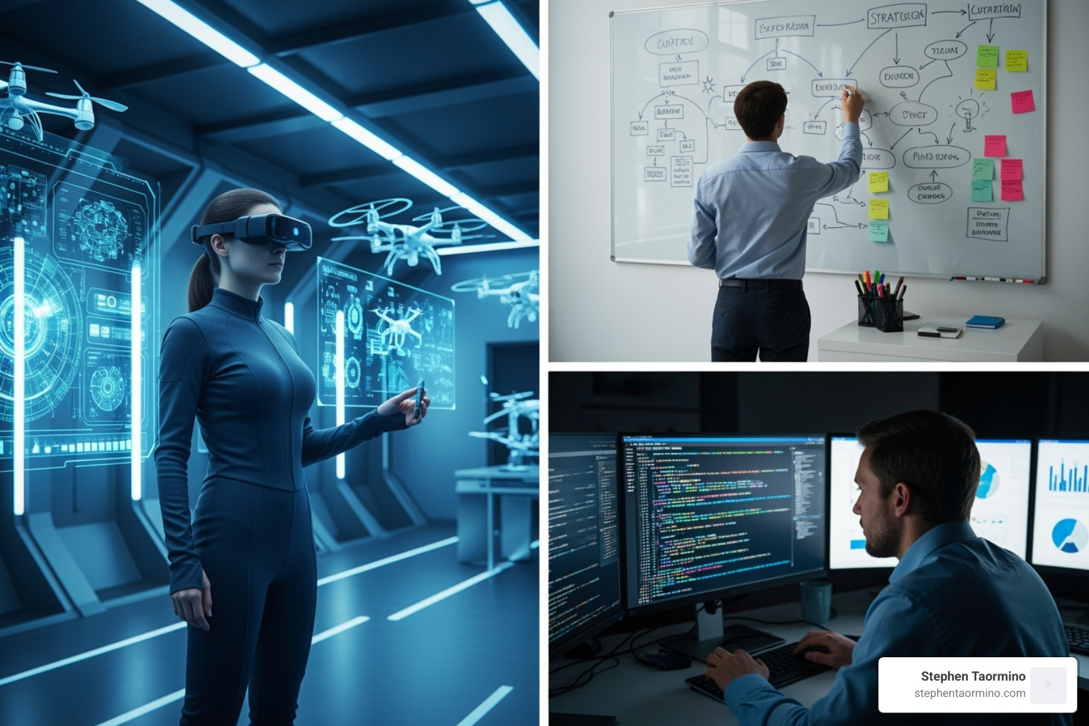 collage representing different speaker archetypes: a futurist with a tech background, a strategist at a whiteboard, an AI expert with code - Digital change speaker