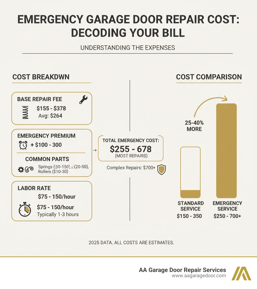 Detailed breakdown of emergency garage door repair costs showing base repair fees, emergency premiums, common part costs, and labor rates with visual cost comparison between standard and emergency service - emergency garage door repair cost infographic 