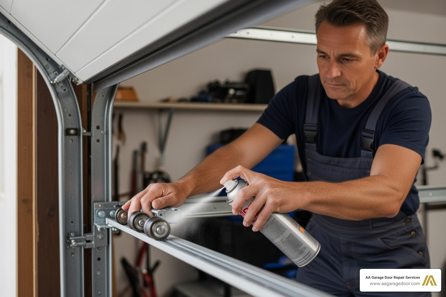 A homeowner lubricating their garage door rollers with a spray can, performing routine maintenance - emergency garage door repair cost