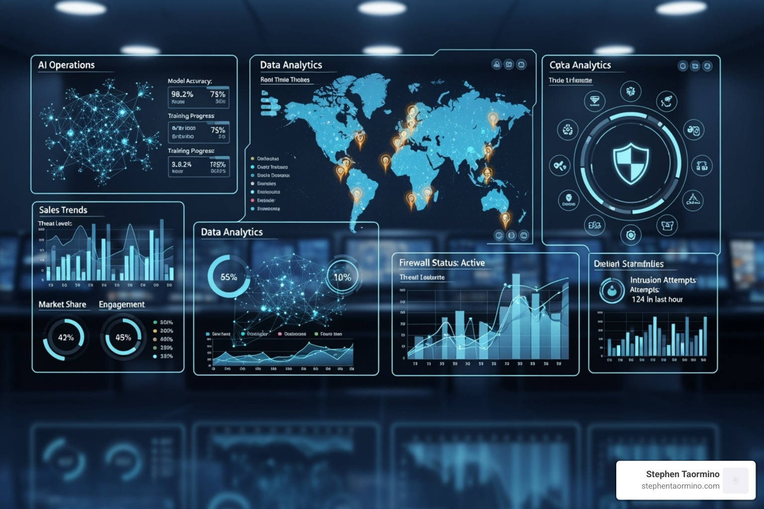 futuristic dashboard showing AI, data analytics, and cybersecurity metrics - Digital change speaker