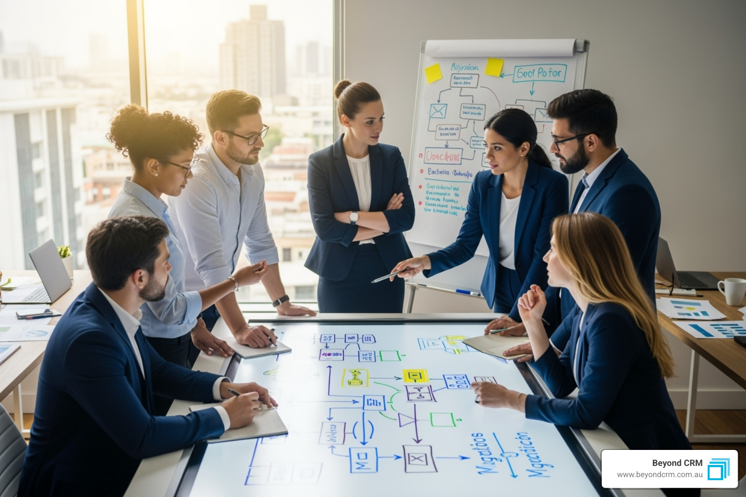 A team collaborating around a whiteboard, planning a migration project. - migrate to Dynamics 365 A team collaborating around a whiteboard, planning a migration project. - migrate to Dynamics 365