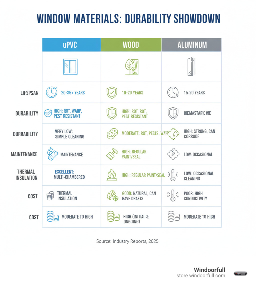 comparison table of window materials - durable uPVC windows infographic comparison table of window materials - durable uPVC windows infographic