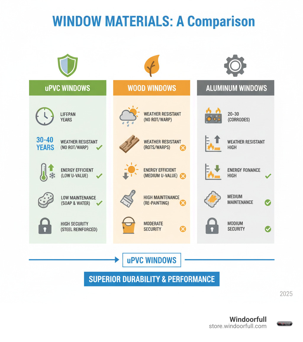 Comprehensive comparison infographic showing uPVC windows' superior durability with 30-40 year lifespan, weather resistance properties, energy efficiency ratings, low maintenance requirements, and security features compared to wood and aluminum alternatives - durable uPVC windows infographic Comprehensive comparison infographic showing uPVC windows' superior durability with 30-40 year lifespan, weather resistance properties, energy efficiency ratings, low maintenance requirements, and security features compared to wood and aluminum alternatives - durable uPVC windows infographic