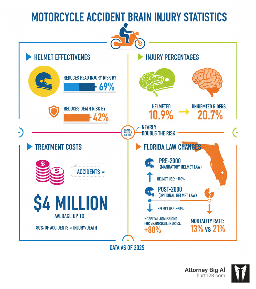Infographic showing motorcycle accident brain injury statistics including helmet effectiveness rates, injury percentages for helmeted vs unhelmeted riders, treatment costs, and Florida-specific data on helmet law changes and their impact on injury rates - motorcycle accident brain injury infographic 