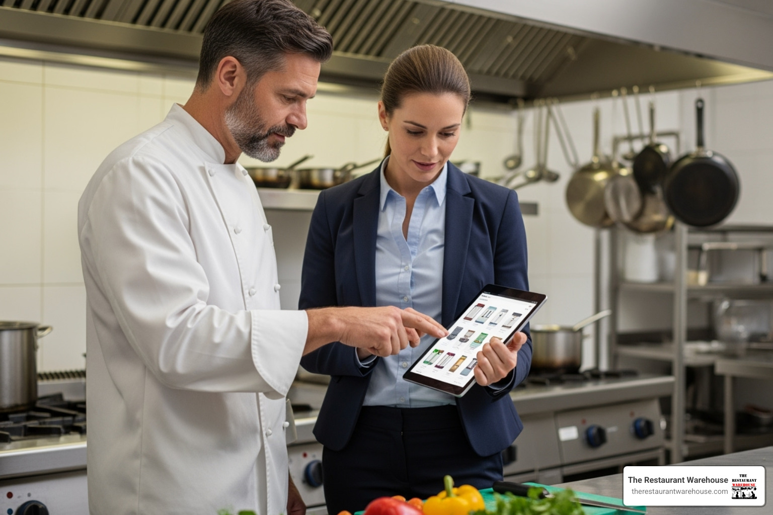 Chef and supplier representative reviewing product catalog on tablet in kitchen. - food supply company near me Chef and supplier representative reviewing product catalog on tablet in kitchen. - food supply company near me