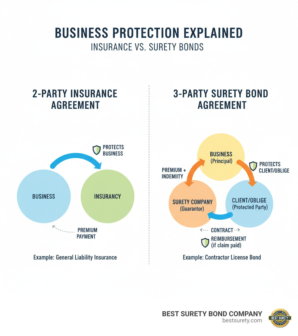 Infographic showing the difference between 2-party insurance agreements (business and insurance company) versus 3-party surety bond agreements (business, surety company, and client/obligee), with arrows indicating who is protected in each scenario - how to get business insurance and bonding infographic 