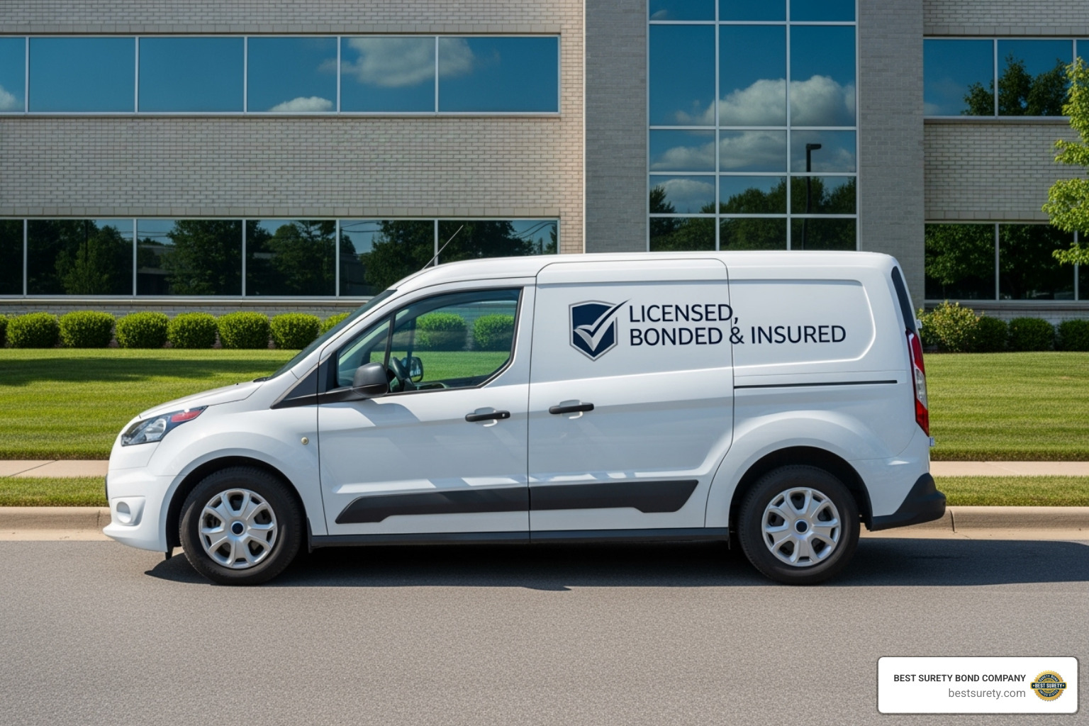 Licensed, Bonded & Insured logo on a company van - how to get business insurance and bonding