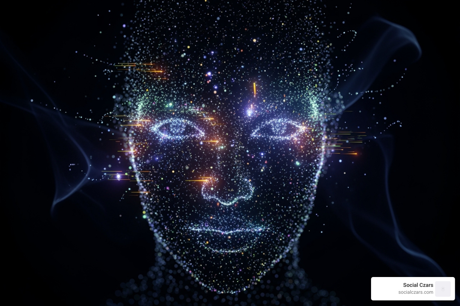 An abstract, futuristic image showing a human face made of glowing digital particles, representing AI and deepfake technology. - Online image protection An abstract, futuristic image showing a human face made of glowing digital particles, representing AI and deepfake technology. - Online image protection