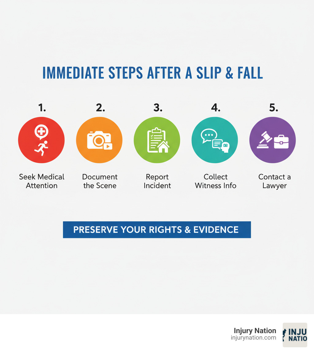 Infographic showing 5 immediate steps after a slip and fall: 1) Seek medical attention immediately, 2) Document the scene with photos and videos, 3) Report the incident to property owner/manager, 4) Collect witness contact information, 5) Contact an experienced slip and fall lawyer within days to preserve your rights and evidence - accident lawyer slip and fall infographic 