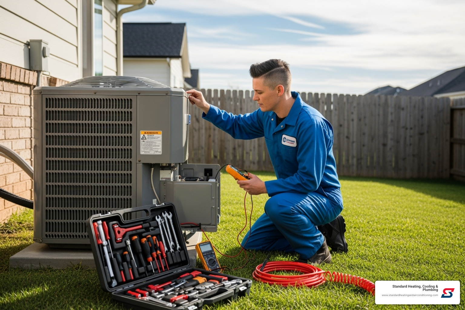 Technician servicing an outdoor AC unit - ac maintenance birmingham, al