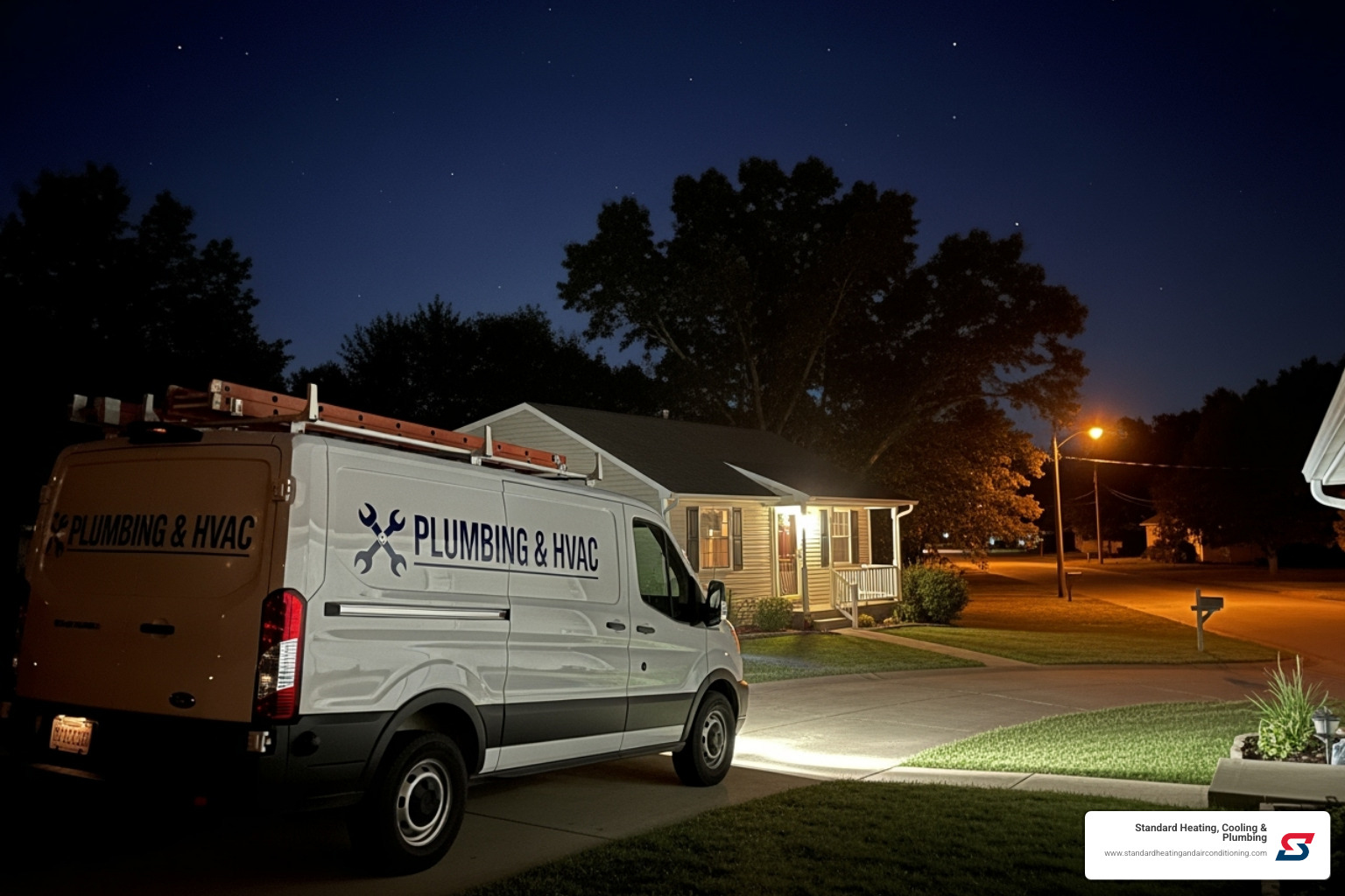 a service van arriving at a home at night - emergency furnace repair hoover, al a service van arriving at a home at night - emergency furnace repair hoover, al